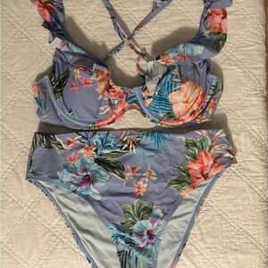 Cupshe Lavender Floral Underwire High Waist Bikini Set, Size L, NWT
